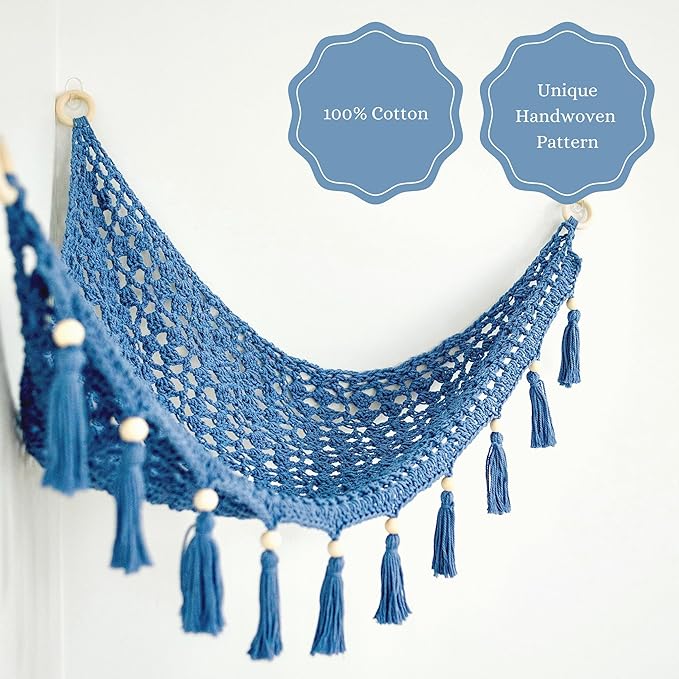 Macrame Toy Hammock for Stuffed Animals - Toy Hammock Net for Stuffed Animals Corner, Blue Nursery Decor, Plush Hammock, Hanging Stuffed Animal Organizer, Deep Sea Blue