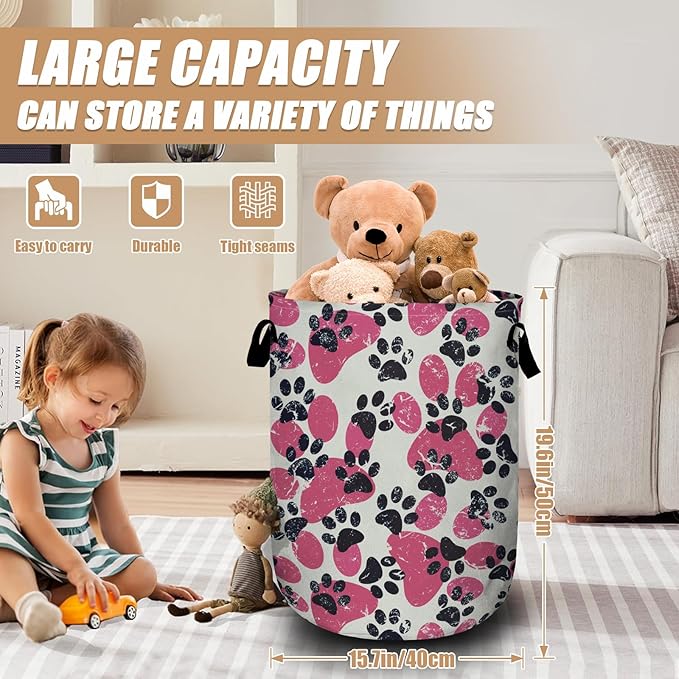 Pink Paw Print Laundry Basket, Foldable Waterproof Laundry Hamper Tote Bag Dirty Clothes Storage Bucket Toy Organizer for Bathroom/Laundry/Bedroom 15.7"x19.6"