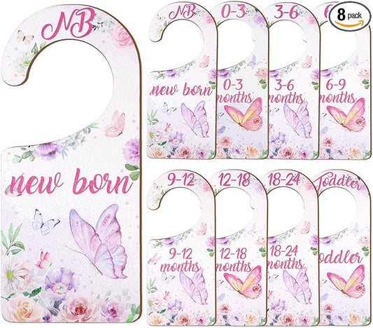 Baby Closet Dividers 8PCS, Butterfly/Floral Theme Wooden Double-Sided Clothes Size Hanger Organizer from Newborn to Toddler for Nursery Decor Baby Shower Birthday Gift