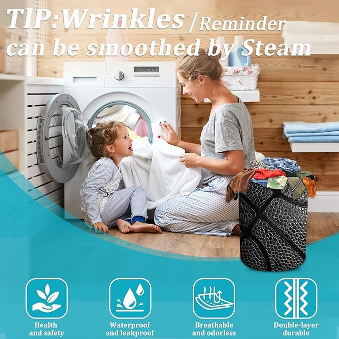 Basketball Texture Black Laundry Basket, Basketball Stripes Laundry Hamper Foldable Waterproof Tote Bag Dirty Clothes Storage Bucket Toy Organizer for Bathroom/Laundry/Bedroom 15.7"x19.6"