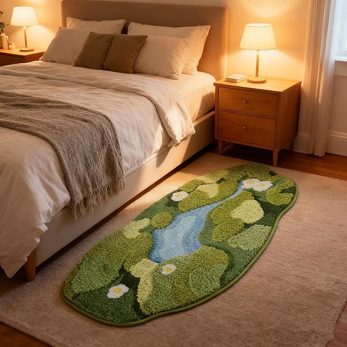 3D Moss Bath Mat - Ultra Thick & Soft, Water Absorbent, Non-Slip Bathroom Rug for Shower Floor, Bedroom Decor | Moss Green, Oval (24"x43")
