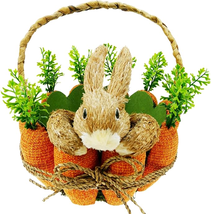 DearSun 11" H*8" Dia Easter Straw Bunny Basket with Carrot Ornaments Easter Egg Hunting Basket Rabbit Handicrafts Basket for Kids Spring Party Supplies Garden Decoration