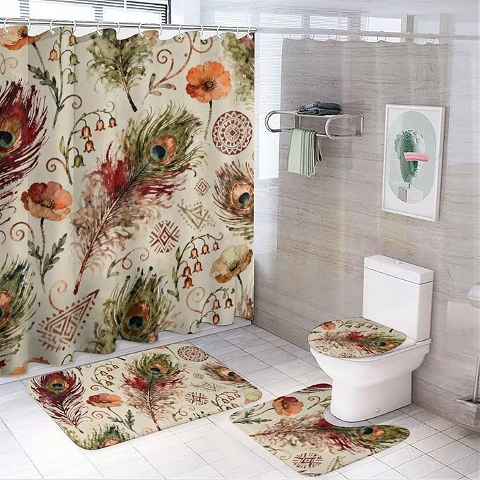 4 Piece Bathroom Rug Set with Shower Curtain, Non-Slip Bath Mat Toilet Cover Set, Peacock Feathers Bathroom Rug Sets