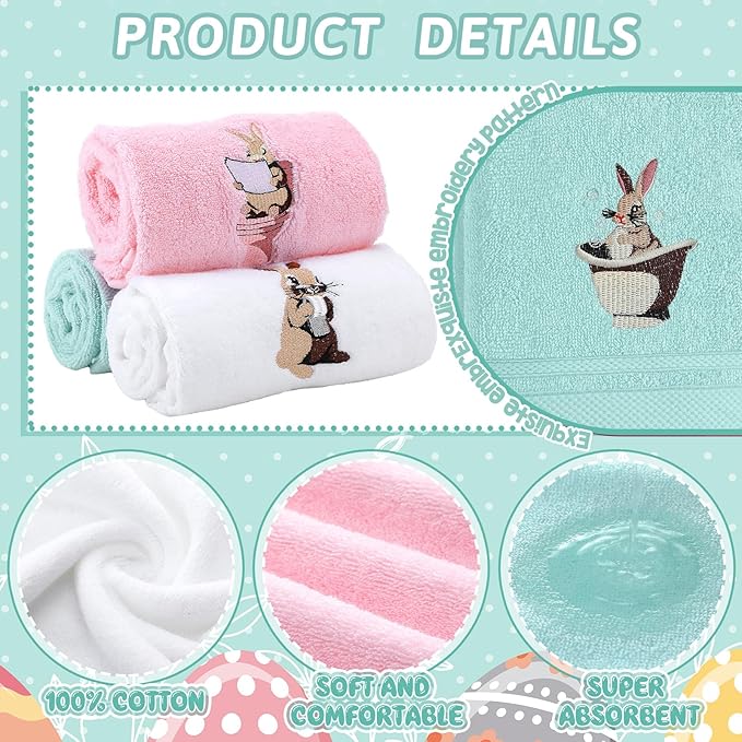3 Pack Easter Hand Towels 13.4 x 29.2 Inch Cotton Embroidered Happy Easter Bunny Bathroom Towel Absorbent Decorative for Hand Drying Cleaning Gift