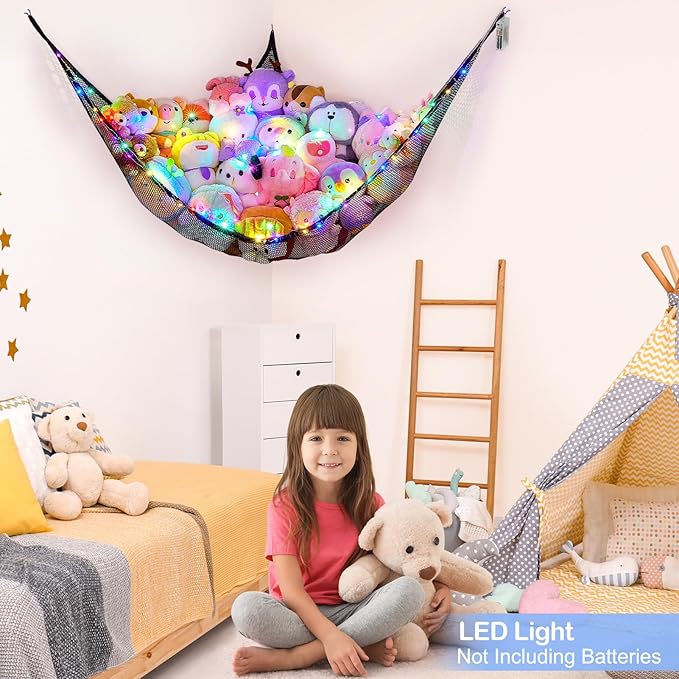 Basumee Stuffed Animals Net or Hammock with LED Light Hanging Toy Net Hammock for Stuffed Animals Storage Stuff Animals Hammocks for Nursery Room with Remote Control, 8 Kinds of Lights(Pack of 1)