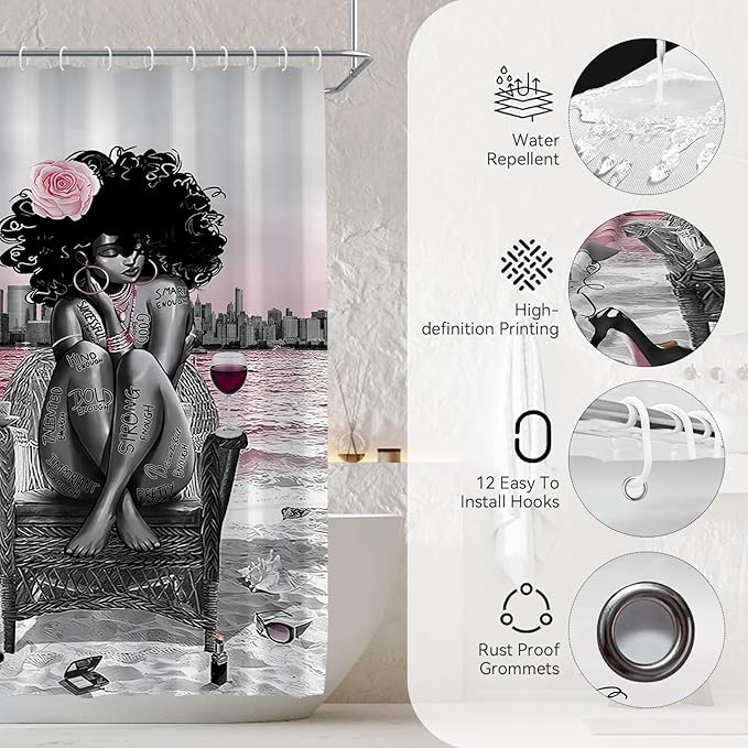 5Pcs Girly Shower Curtain Set with Rugs and Wall Painting, Pink and Black African American Shower Curtain Set, Parisian Style Modern Wall Decor, Bathroom Accessory Set