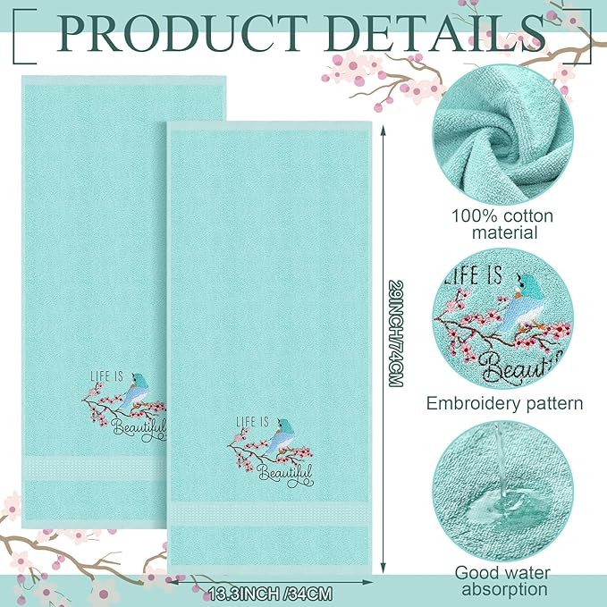 2 Pcs Bird Hand Towels Mint Green Bathroom Decor 14x29 Inch Embroidered 100% Cotton Soft Absorbent Spring Summer Decorative Hand Towels for Bathroom Kitchen