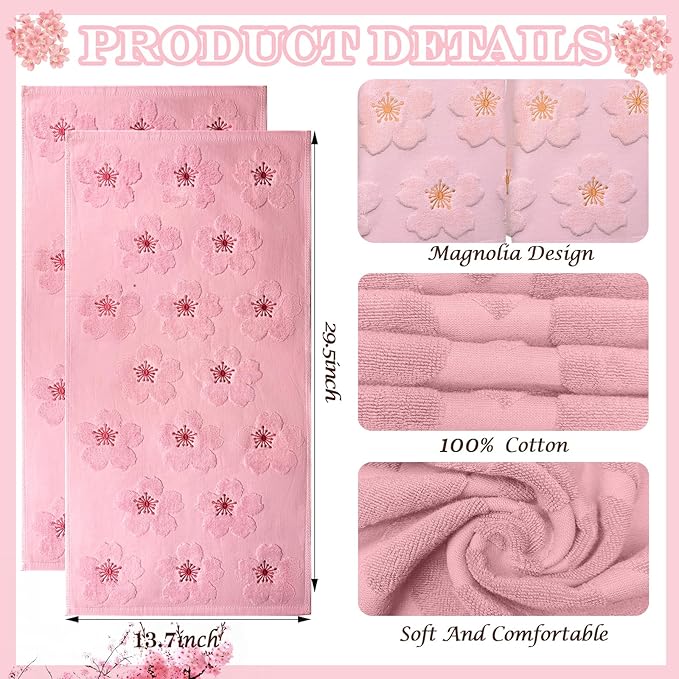 2pcs Cherry Blossom hand towels for bathroom Decorative Towels Set 100% Cotton Pink Jacquard Spring summer floral bath towels dish kitchen towels kitchen Bathroom Decor Gift(cherry blossom Pink)