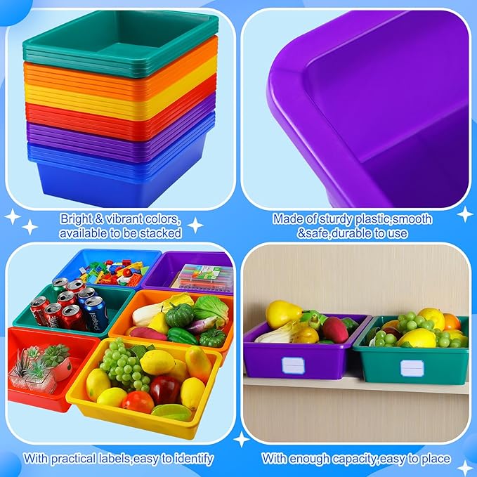 Hoolerry 24 Pcs Plastic Cubby Storage Bins Classroom Cubby Organization with Self Adhesive Labels Bin Small Stackable Storage Containers Toy Book Box for School(14 x 10 x 3 Inch,Colorful)