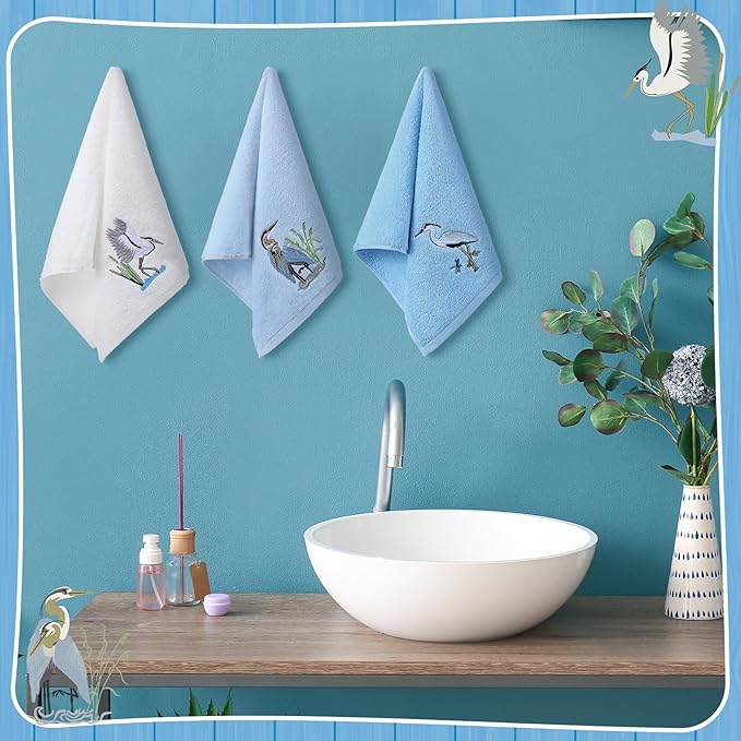 3 Pack Heron Coastal Hand Towels for Bathroom 100% Cotton Embroidered Beach Bathroom Towels 13.78 x 29.53 Inch Soft Absorbent (Blue Series, Heron)