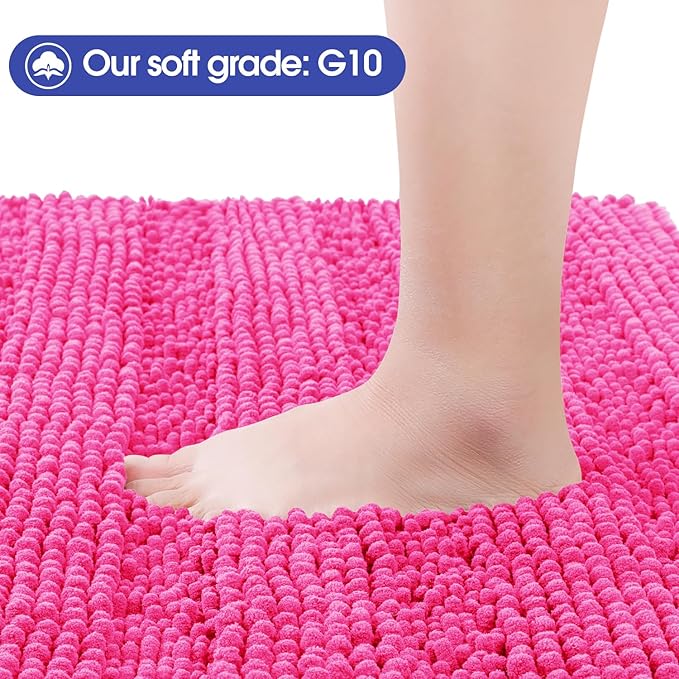 ACCUMTEK Christmas Striped Hot Pink Bathroom Rug Set 3 Pieces Ultra Soft, Non Slip Chenille Toilet Mat, Absorbent Plush Shaggy Bath Mats for Bathroom, Bedroom, Kitchen, Peach