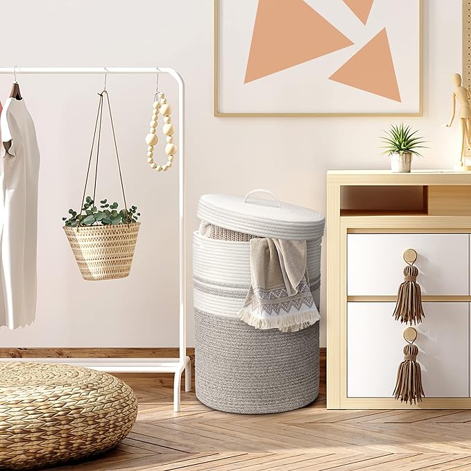Laundry Hamper with Lid, Large Woven Laundry Basket，Blanket and Toy Storage Basket for Living Room, Bedroom, Bathroom, Nursery（Brown and White，55L）