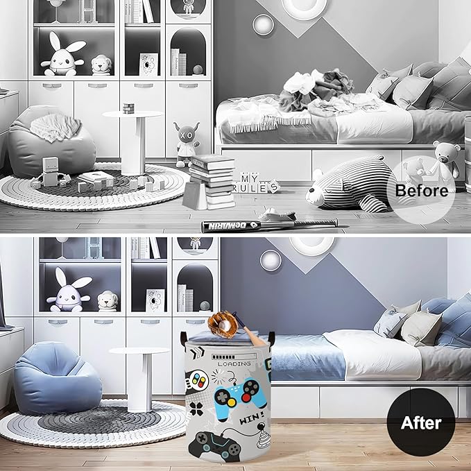 Clastyle Cool Game Storage Basket Kid Game Controller Clothes Laundry Hamper Collapsible Boy Toy Box for Nursery Palyroom,Gray,36 * 45 cm