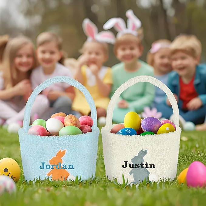 Easter Basket for Kids, VAPCUFF Easter Bunny Basket, Personalized Easter Baskets, Easter Basket with Name - - White Basket Grey Bunny