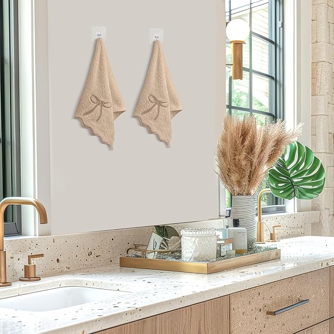 2 Pcs Brown Scalloped Hand Towels for Bathroom 26 x 13 Embroidery Coquette Bow Hand Towels 100% Cotton Soft Absorbent Boho Bath Decor for Kitchen Bathroom