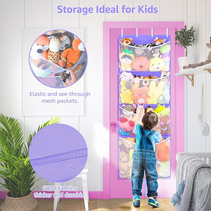 Hanging Stuffed Animal Storage, Over Door Large Plush Toy Organizer with Metal Hook, Baby Accessory Holder Idea for Nursery, Doll & Bear Mesh Hammock Bag for Girl Boy Kid Room