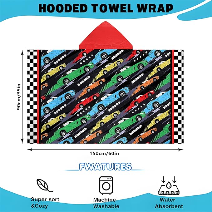 Hooded Towels for Kids -Toddler Beach Towel- Super Absorbent & Quick Dry 100% Cotton 35x60 Inch - to Kid Ages 3-12-Racing Car Swim Towels