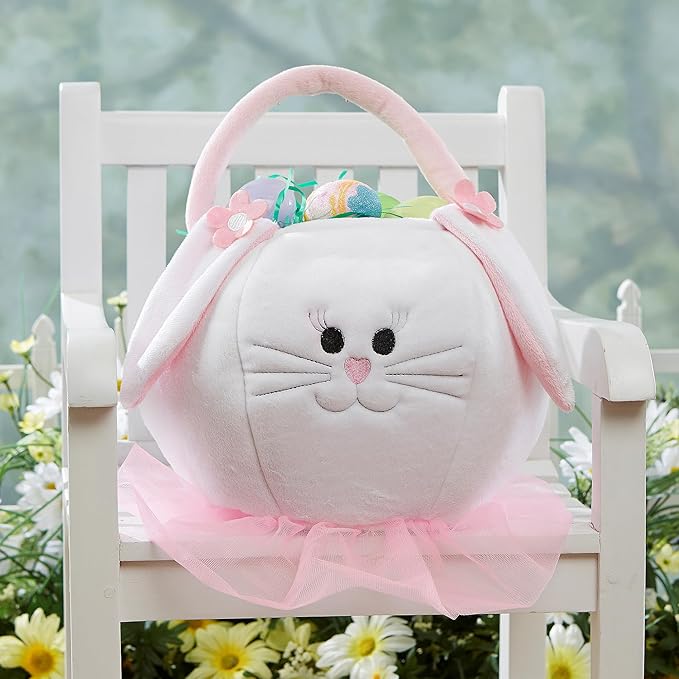 Personalization Universe Embroidered Pink Accented Easter Bunny Basket, Soft Plush Easter Egg Hunt Bag, Children's Holiday Basket