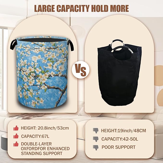 Laundry Hamper,Almond Blossom Collapsible Laundry Baskets Waterproof Oxford Cloth With Handles,Clothes Storage Bucket Toy Organizer For Bathroom/Nursery/Bedroom 16" x 20.8"