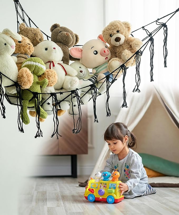 Stuffed Animal Storage Corner Hammock or Net,Toy Storage Hammock for Stuff Animals,Plushie Net for Nursery Bedroom Wall,Stuffed Animal Organizer Holder for Plush,Cute Boho Room Decor.（Black）