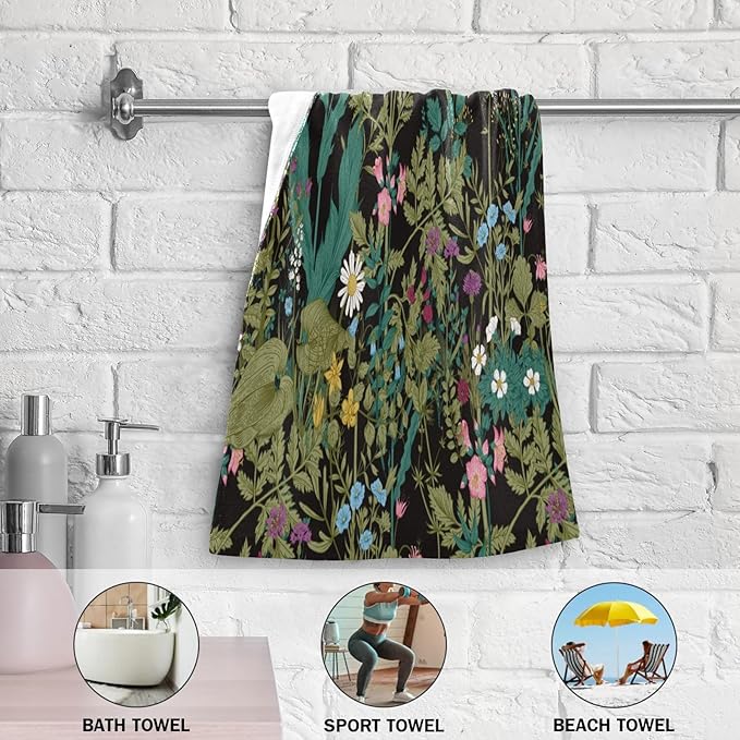 2 Pcs Green Herbs Wild Flower Decorative Hand Towels for Bathroom,Soft Absorbent Vintage Spring Floral Botanical Black Dish Towels for Kitchen,Quick Dry Guest Bathroom Towels for Face 14"x28"