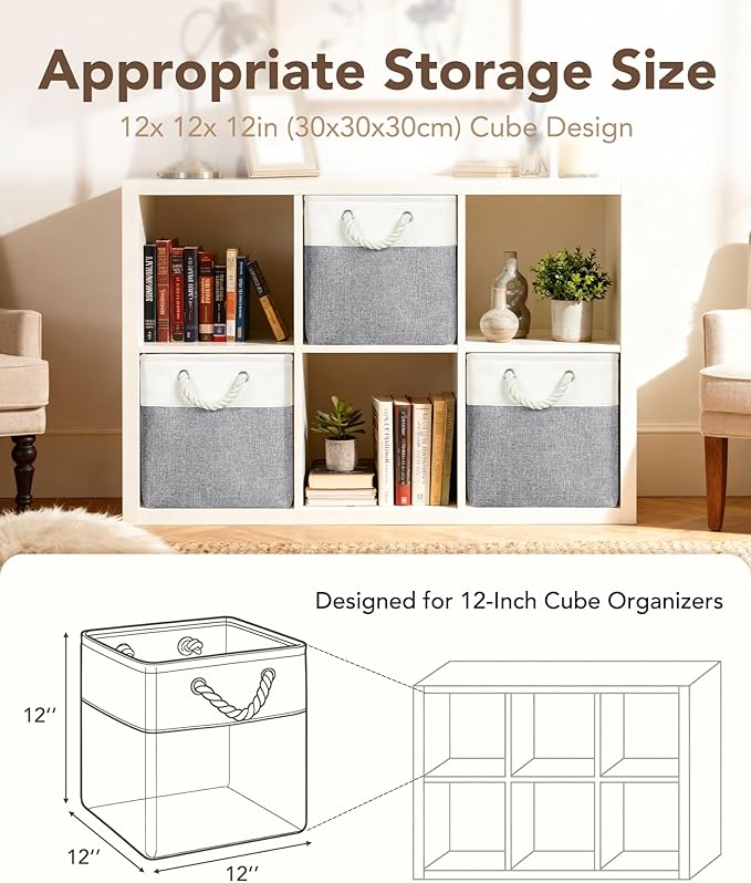 12x12 Storage Cube Bins, 6 Pack Reinforced Bottom Cardboard Foldable Box, Organizer for Closet Shelves, Heavy Home Storage Baskets (White Gray)