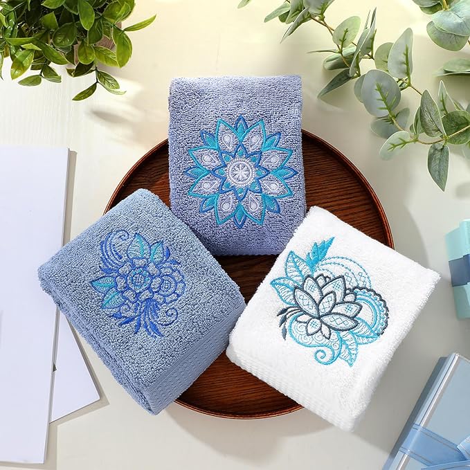 3 Pcs Mandala Hand Towels Mandala Flower Boho Bathroom Decor 14x29 Inch Embroidered Modern 100% Cotton Absorbent Hand Towels for Bathroom Kitchen