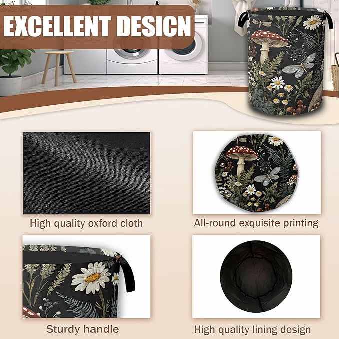 Wild Mushroom Forest Laundry Basket, Laundry Hamper Waterproof Oxford Cloth Tote Collapsible,Clothes Storage Bucket Decorative Toy Organizer For Bathroom Bedroom 16" x 20.8"
