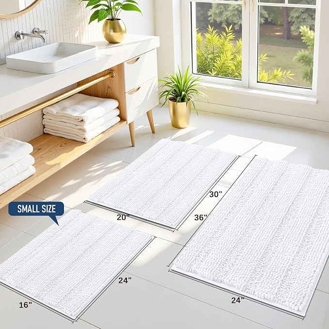 Grandaily Chenille Striped Bathroom Rugs 36x24, Extra Thick and Soft Absorbent Bath Mats, Rubber Backing, Plush Shaggy Shower Carpet, Machine Wash Dry, Bath Rug for Bathroom, Solid White