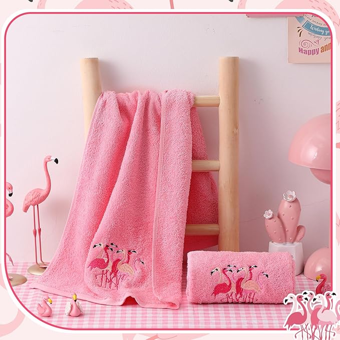 2 Pcs Flamingo Hand Towels Hot Pink Bathroom Decor 14x29 Inch Embroidered 100% Cotton Soft Absorbent Spring Summer Decorative Hand Towels for Bathroom Kitchen