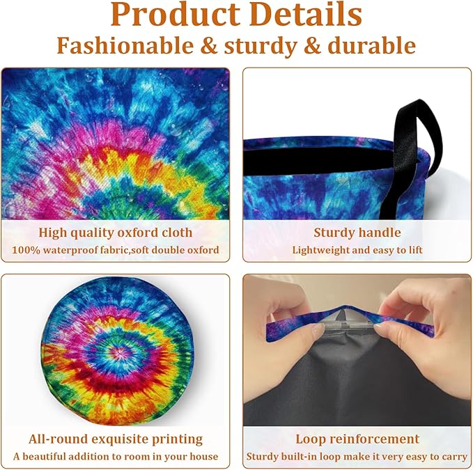Colorful Tie Dye Laundry Basket with Sturdy Handles, Collapsible Oxford Cloth Laundry Hamper Organizer Basket for Bathroom Bedroom 15.7x20 Inch