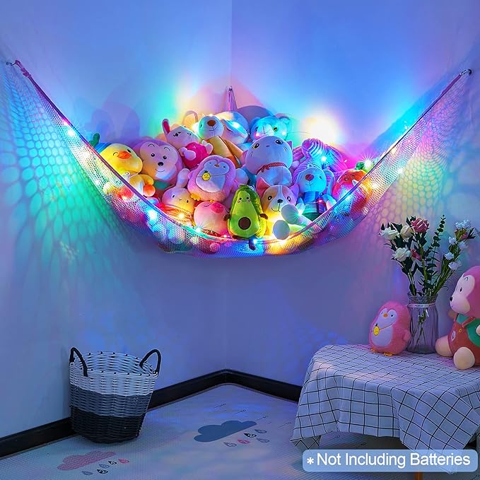 Basumee Stuffed Animals Net or Hammock with LED Light Hanging Toy Net Hammock for Stuffed Animals Storage Stuff Animals Hammocks for Nursery Room with Remote Control, 8 Kinds of Lights(Pack of 1)