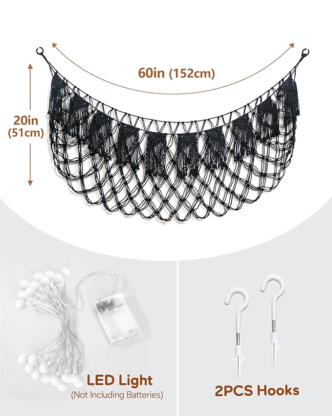 Stuffed Animal Storage Hammock with Lights- Boho Wall Hanging Plushie Net for Stuff Aanimal Organizer and Toy Display, Big Toy Hammock for Kids boys Bedrooms Playroom Nursery(Black)