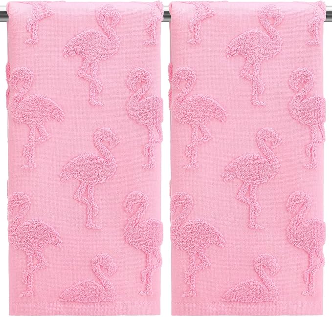 2pcs Flamingo Hand Towels for Bathroom 100% Cotton Jacquard Weave Bath Towel Set Absorbent Dish Washcloth for Bathroom Kitchen Tropical Summer Theme Gifts 13.8 x 29.5 Inch (Rose Pink)