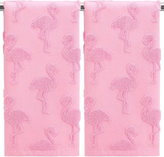 2pcs Flamingo Hand Towels for Bathroom 100% Cotton Jacquard Weave Bath Towel Set Absorbent Dish Washcloth for Bathroom Kitchen Tropical Summer Theme Gifts 13.8 x 29.5 Inch (Rose Pink)