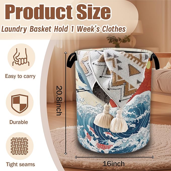 White Crane Laundry Baskets,Red Sun Japanese Wave Laundry Hamper,Storage Basket with Handles for Bathroom Bedroom College Dormitory Living Room Nursery Organizer 16"x20.8"