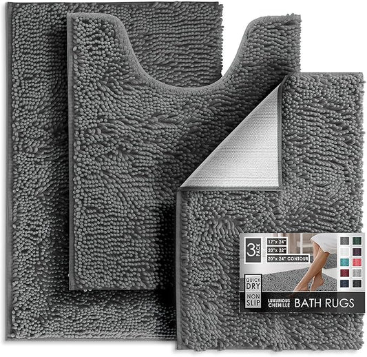 Hearth & Harbor Bathroom Rugs, Chenille Bath Mat - Machine Washable Bath Mats for Bathroom Non-Slip Backing Rubber, Quick Dry Mat - Grey Bath Rug, 17x24-20x32-20x24