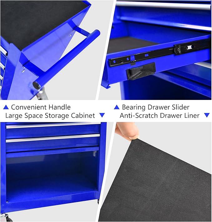 4 Drawers Rolling Tool Chest Cart. Tool Storage Cabinet With 4 Wheels.Tool Cabinet Trolley With Locking System and Drawer Liners.Tool Storage Cart for Garage,Workshop. 24.4"Toolbox Cart(blue)