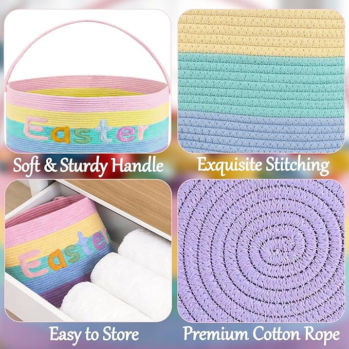 Rainbow Easter Basket, Extra Large Easter Egg Hunting Basket, Woven Cotton Rope Storage Basket Laundry Basket with Handle, Soft Round Storage Bin, Blanket Basket, Empty Gift Basket, 18.5"x13"