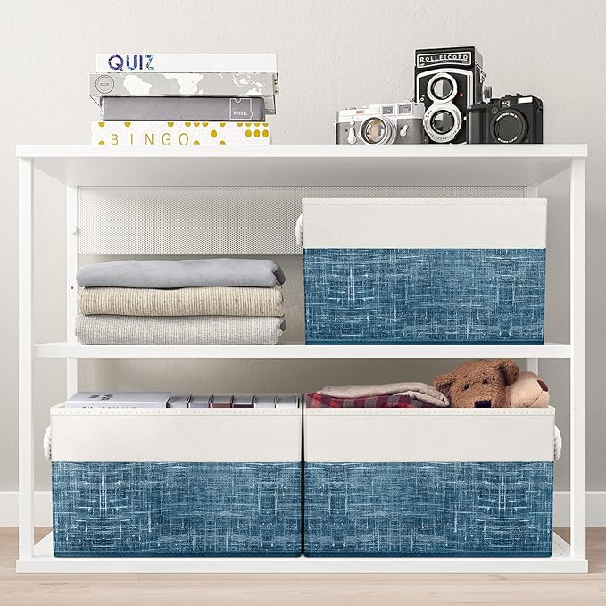 Fab totes Storage Bins [4-Pack], Foldable Storage Baskets for Organizing Toys, Books, Shelves, Closet, Large Storage Box with Rope Handles, Sturdy Organizer Bins, White & Blue
