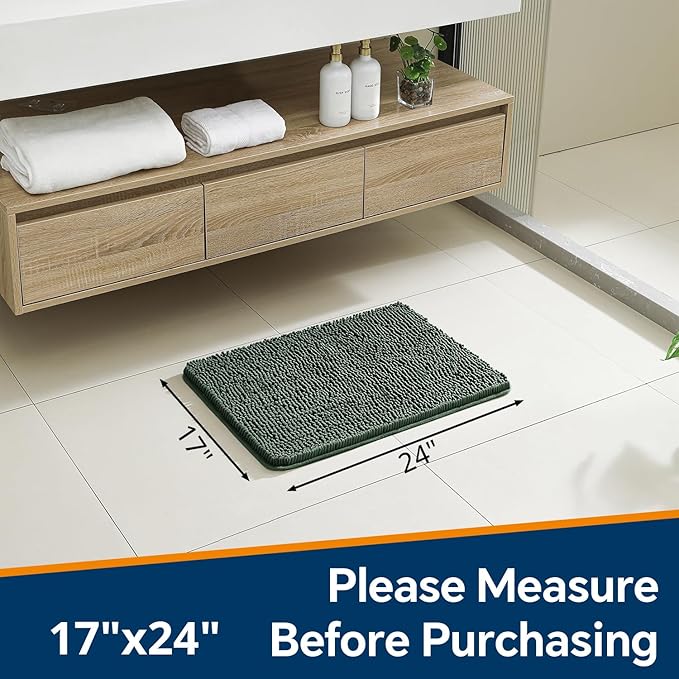Hunter Green Bathroom Rugs 17"x24" - Plush Chenille Non-Slip Bath Mat - Absorbent, Washable, Soft and Thick Decor for Shower, Sink, Kitchen, Tub, Home Accessories