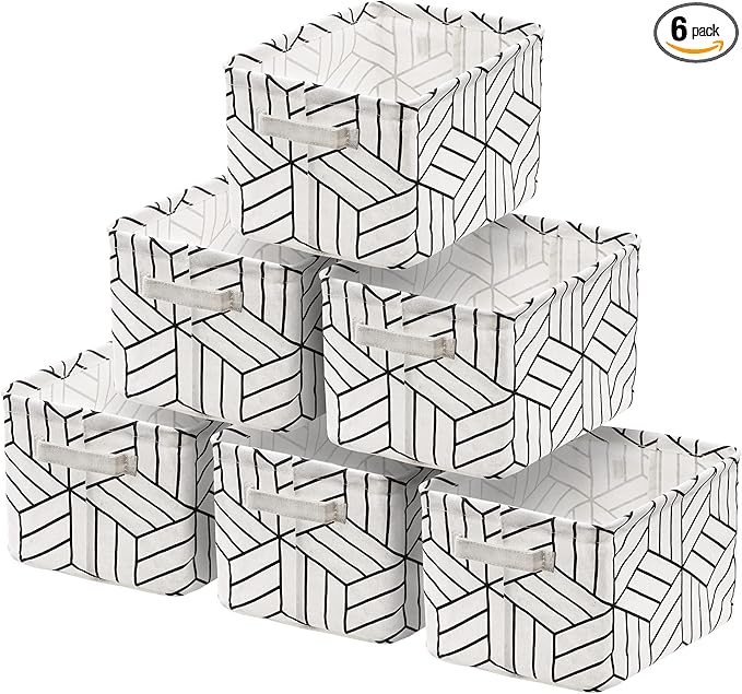 CROWNED 6 Pcs Storage Basket Foldable Cube Fabric Bins Square Mini Box Receive Organizer Rectangle Canvas with Handles for Home Office Books Small 11x8x6.3 inch White