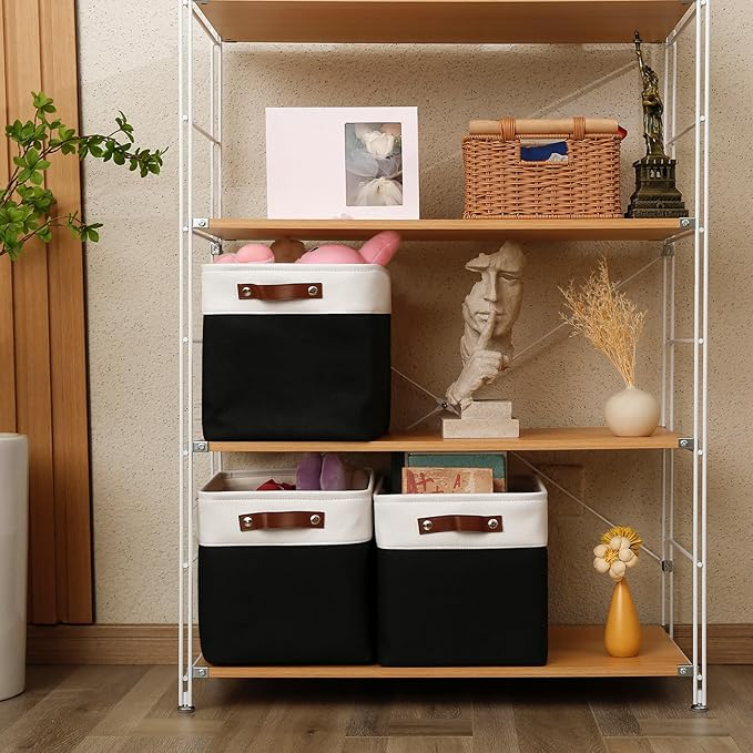 4-Pack Foldable Fabric Storage Cubes 11x11 Inch, Sturdy Cube Organizer Bins with Leather Handles, Storage Baskets for Closet Shelves and Home Organization(White/Black)