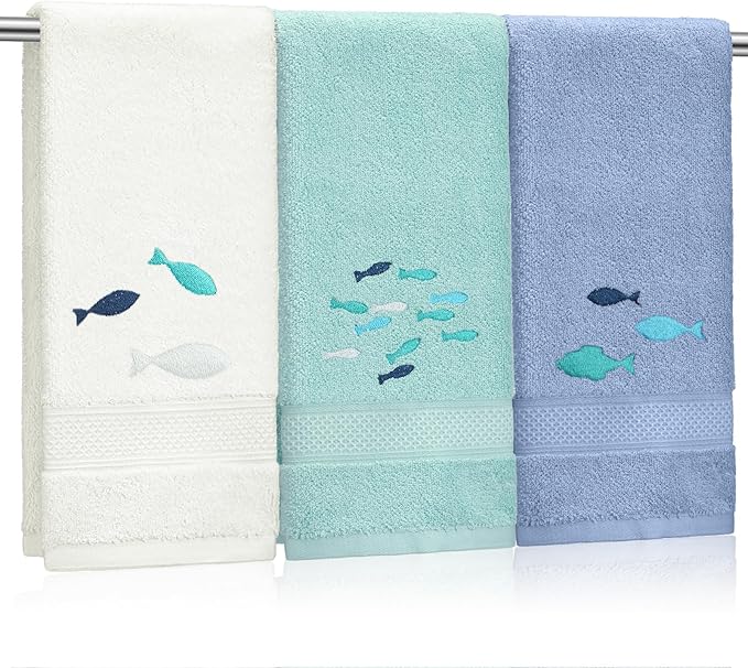 3 Pack Shoal of Fish Coastal Hand Towels for Bathroom 100% Cotton Embroidered Bathroom Towels 13.78 x 29.53 Inch Soft Absorbent (White Green Blue, Fishes)