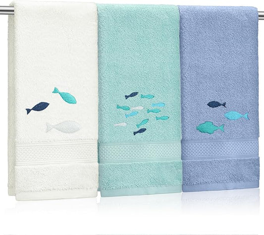 3 Pack Shoal of Fish Coastal Hand Towels for Bathroom 100% Cotton Embroidered Bathroom Towels 13.78 x 29.53 Inch Soft Absorbent (White Green Blue, Fishes)