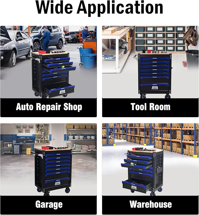 30 Inch Rolling Tool Chest with 7 Drawers, Steel Tool Cabinet with Wood Countertop, Lockable 360° Swivel Casters, Stand Up Toolbox, Portable Garage Tool Box for Home, Workshop (Black+Blue)