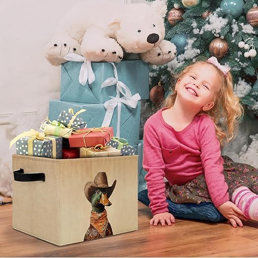 Western Cowboy Mallard Duck Storage Bins Box with Handles, Mallard Duck Nursery Decor, Ducks Laundry Basket Hamper Collapsible Clothes Toys Organizer for Kids Boys Bedroom Bathroom