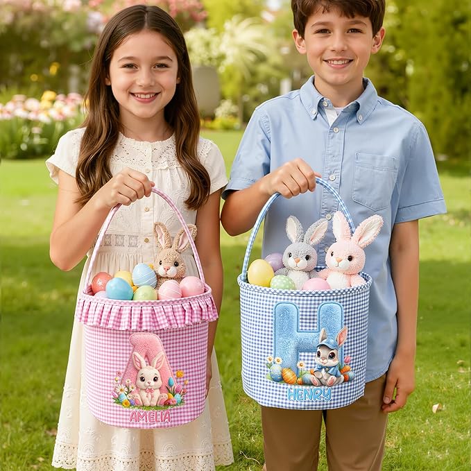 CALLIE Personalized Easter Basket for Kids | 8.8" Custom Easter Basket with Name Rabbits Plaid Design | First Easter Spring Basket Gift