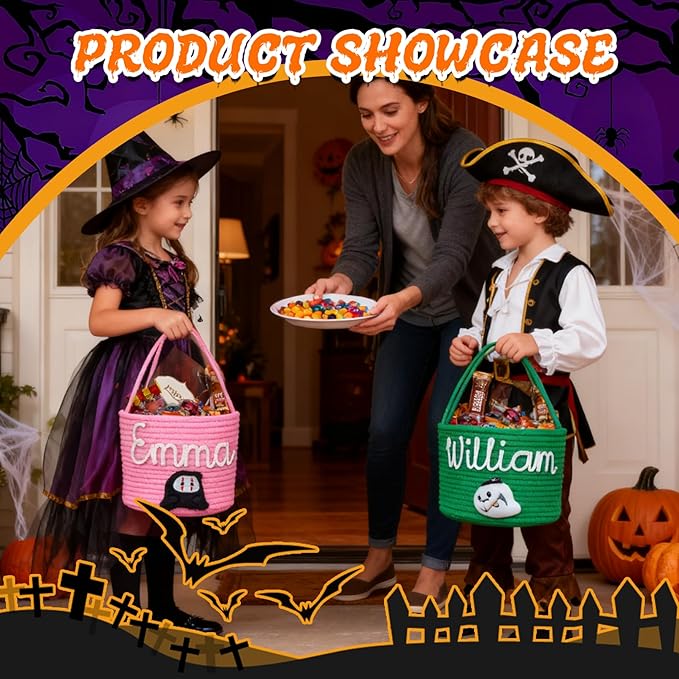 Personalized Halloween Basket, Custom Trick or Treat Bag with Name, Hand-Woven Candy Bucket, Spooky Decor for Boys & Girls (Style 1)