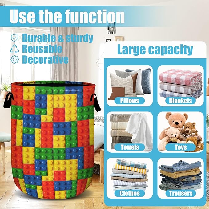 Colorful Building Blocks Laundry Basket, Laundry Hamper Collapsible Oxford Cloth with Handle Clothes Toy Storage Bin for Bathroom Laundry Room Bedroom 15.7 X 20 Inch